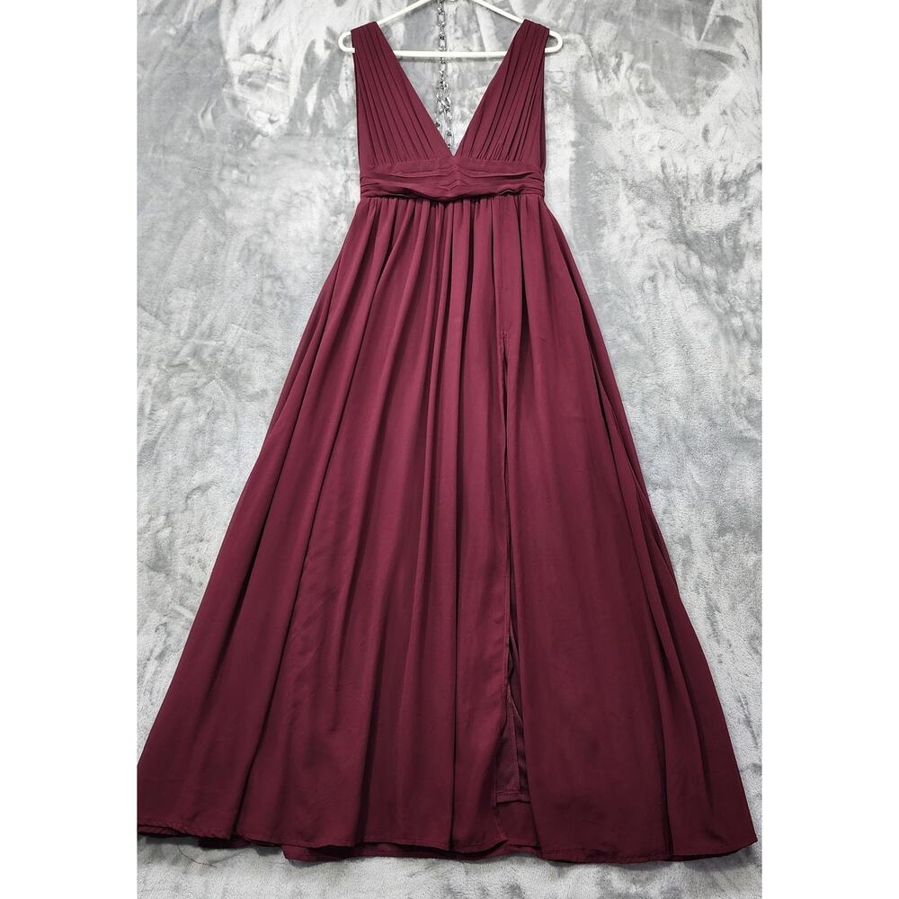 Lulus Dress Womens M‎ Burgundy Heavenly Hues Maxi Gown V-Neck Front Slit Formal